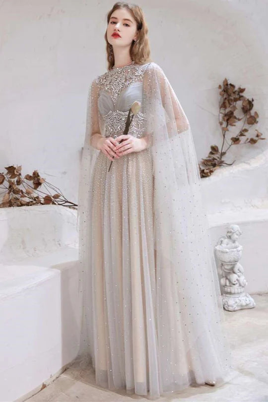 Glamorous Light Grey Tulle Beaded Long Prom Gown
